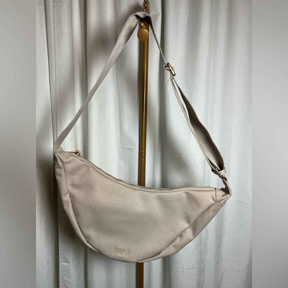 July Crescent Cream Canvas Shoulder Bag Purse Tote with Gold Tag